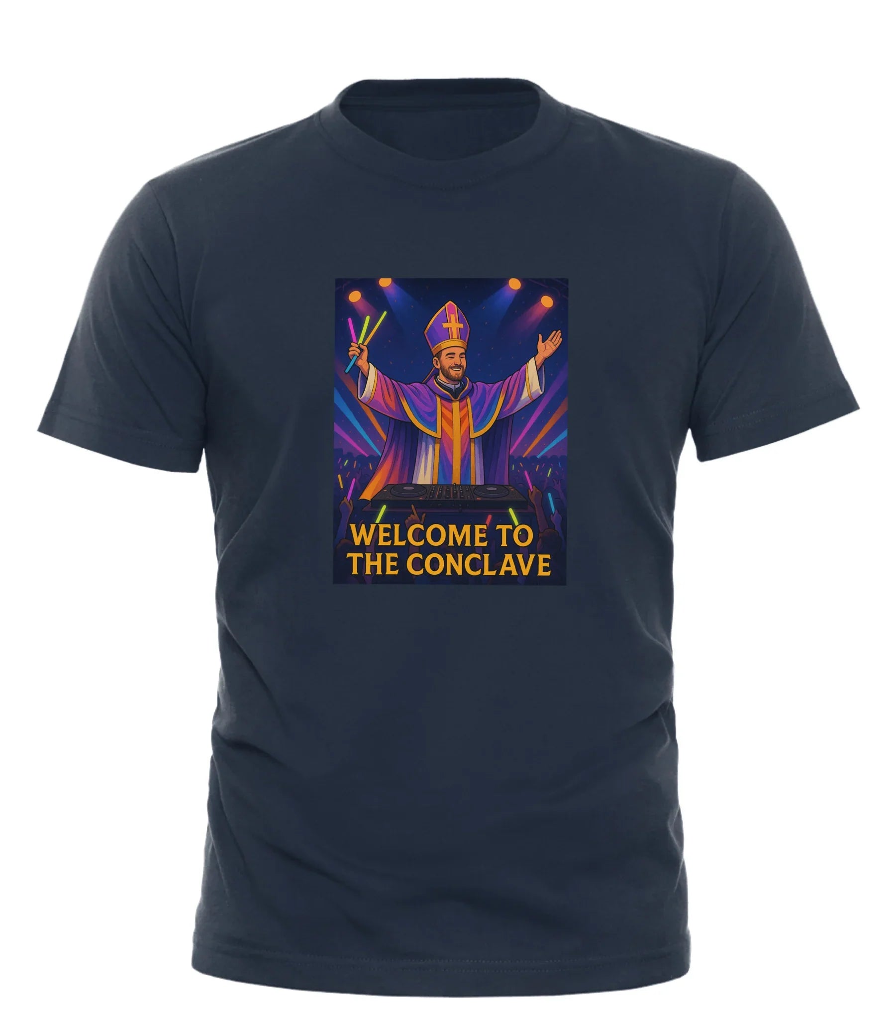 Good Trouble Garments DJ pope t-shirt with colorful DJ pope graphic and welcome to the conclave text