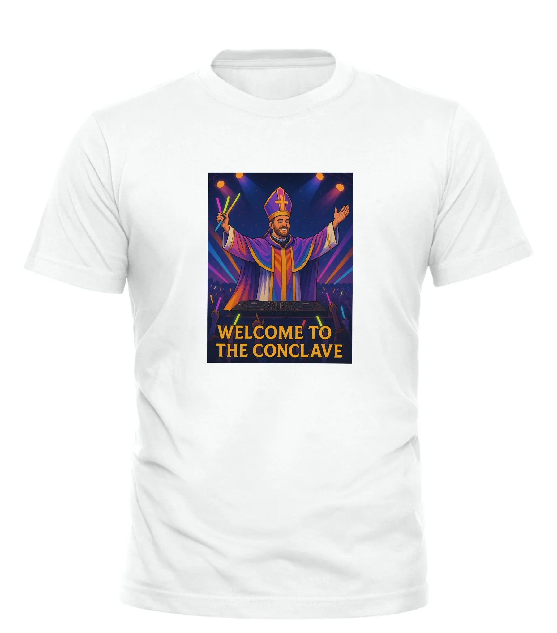 Good Trouble Garments white DJ pope t-shirt with colorful DJ pope graphic and Welcome to the Conclave text