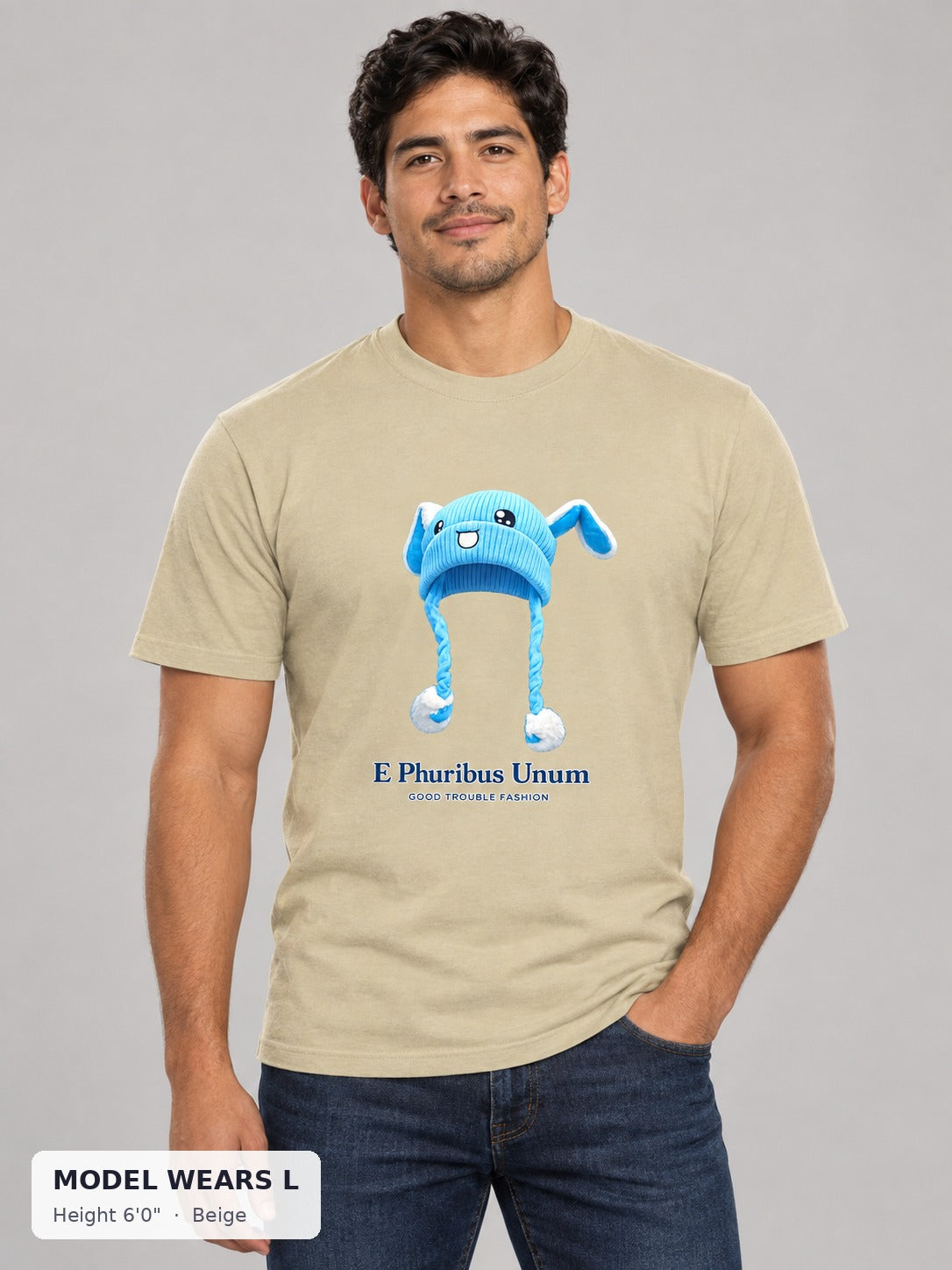 E Pluribus Unum Blue Hat Tee in Beige on an athletic model wearing size L, 6'0" - Good Trouble Fashion