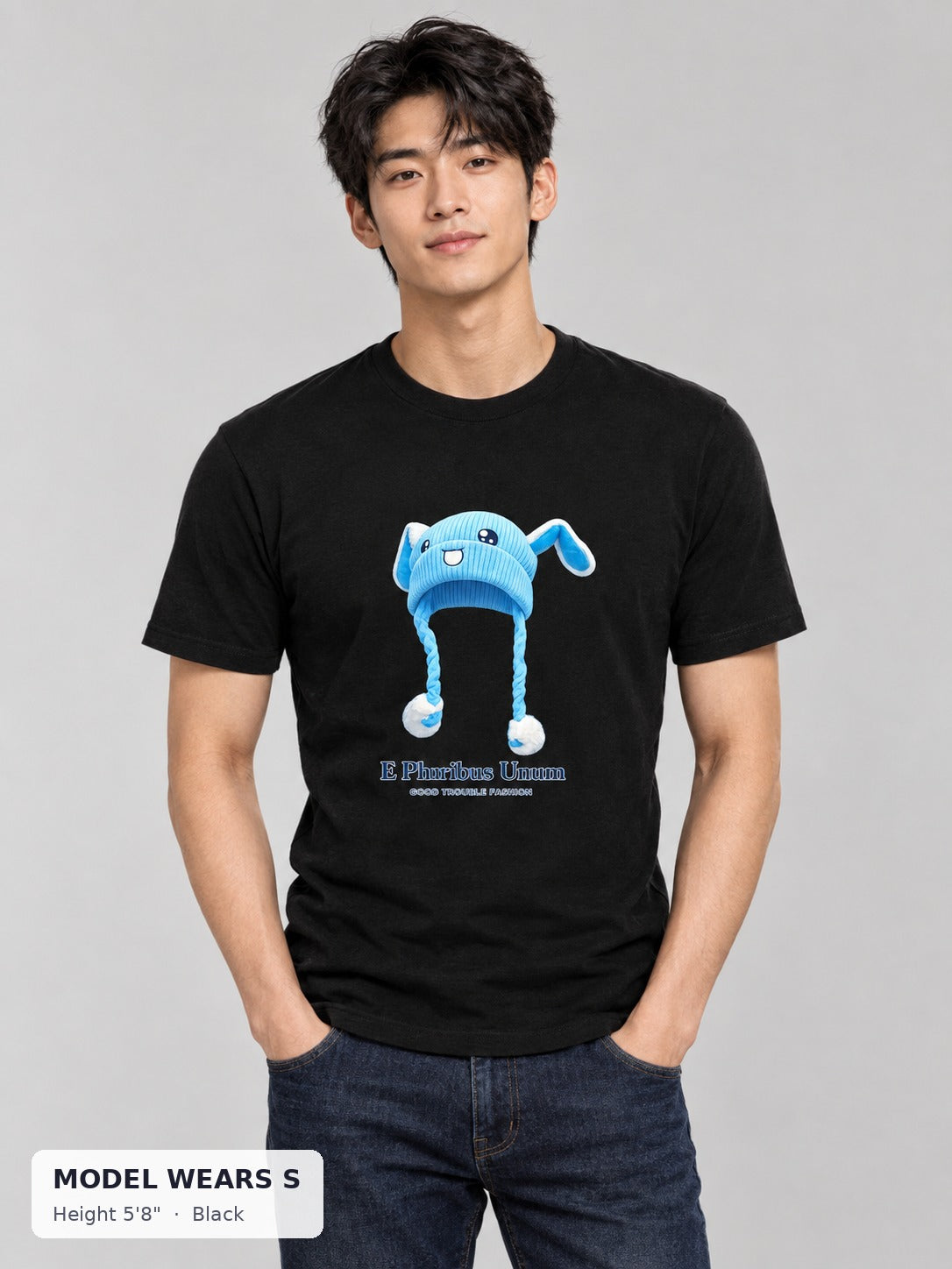 E Pluribus Unum Blue Hat Tee in Black on a slim model wearing size S, 5'8" - Good Trouble Fashion
