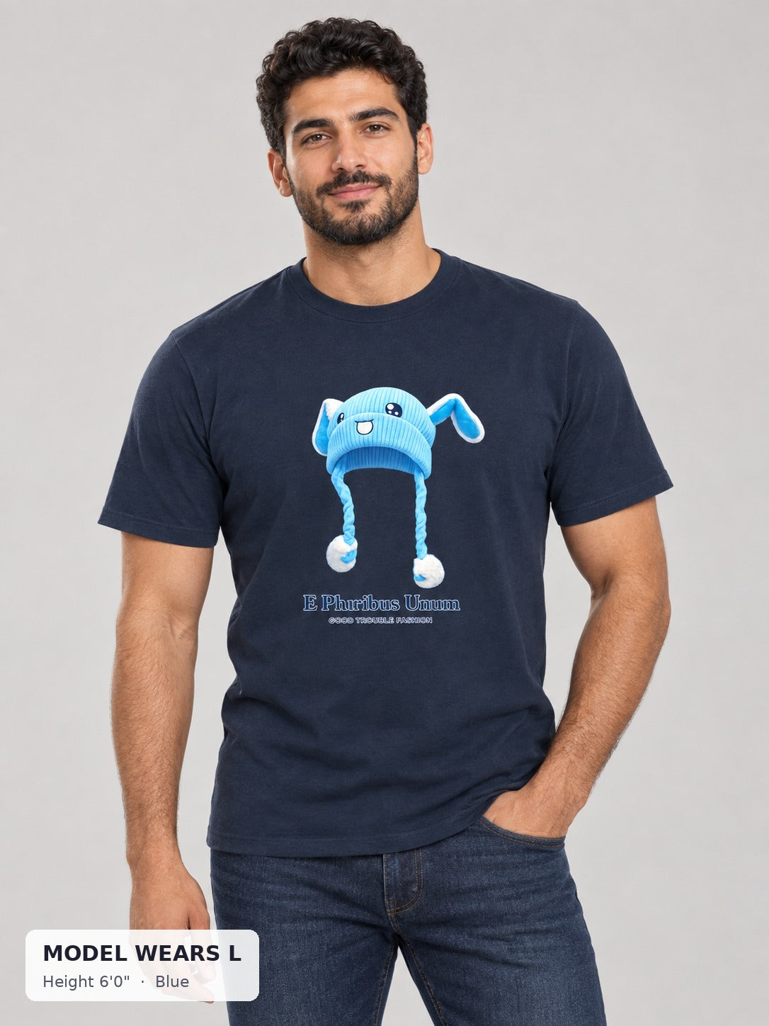 E Pluribus Unum Blue Hat Tee in Blue on an athletic model wearing size L, 6'0" - Good Trouble Fashion