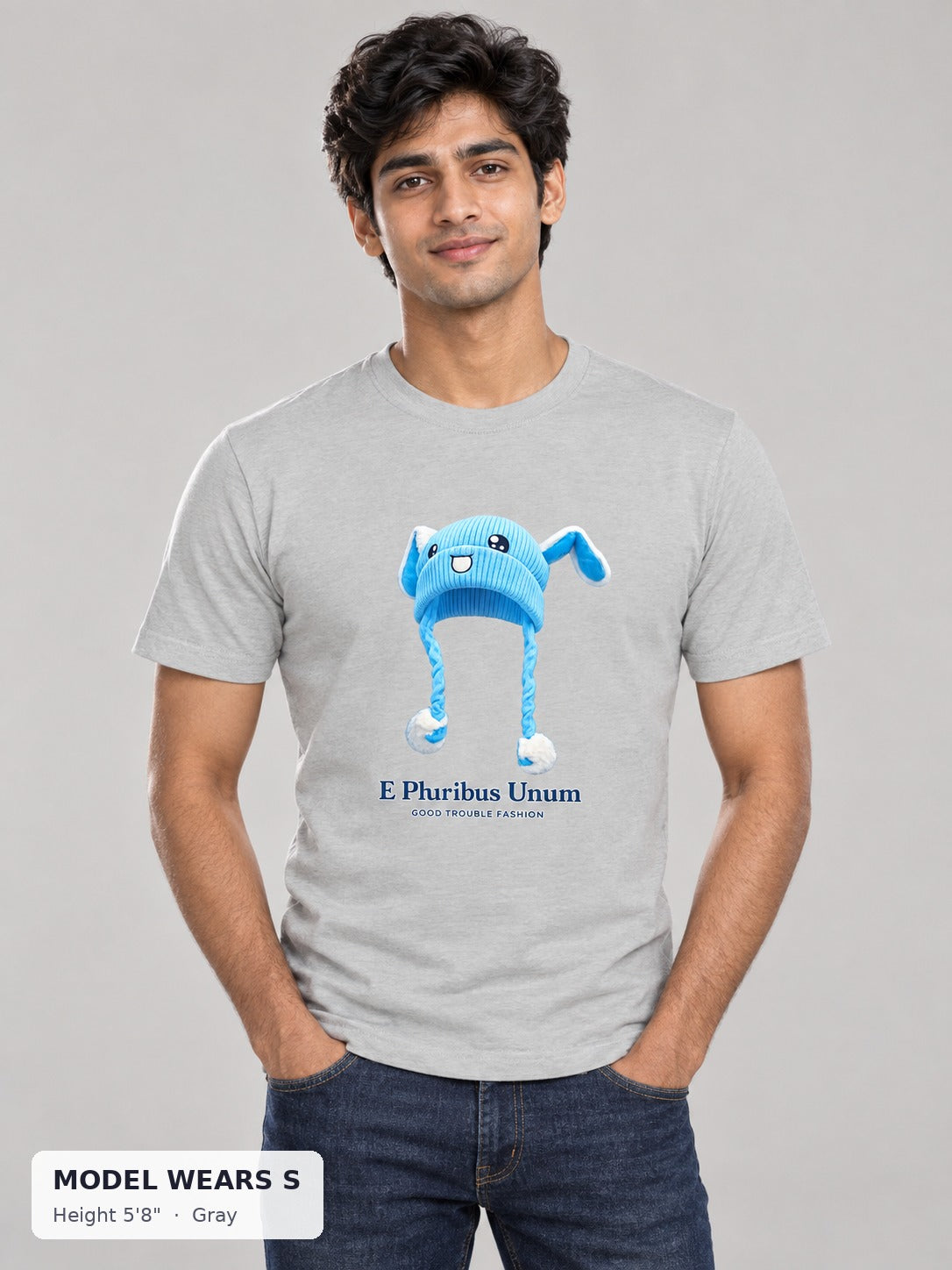 E Pluribus Unum Blue Hat Tee in Gray on a slim model wearing size S, 5'8" - Good Trouble Fashion