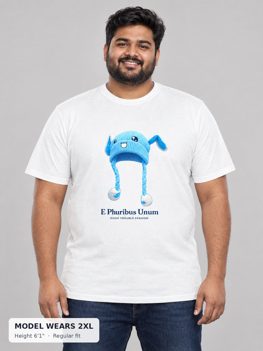 E Pluribus Unum Blue Hat Tee on a plus-size model wearing size 2XL, 6'1" - Good Trouble Fashion