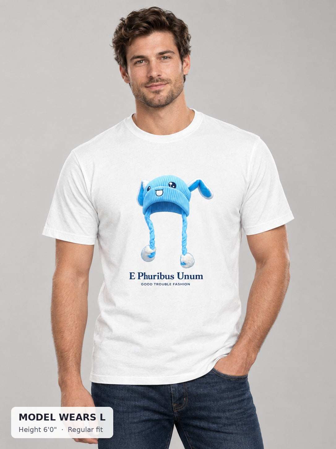 E Pluribus Unum Blue Hat Tee on an athletic model wearing size L, 6'0" - Good Trouble Fashion