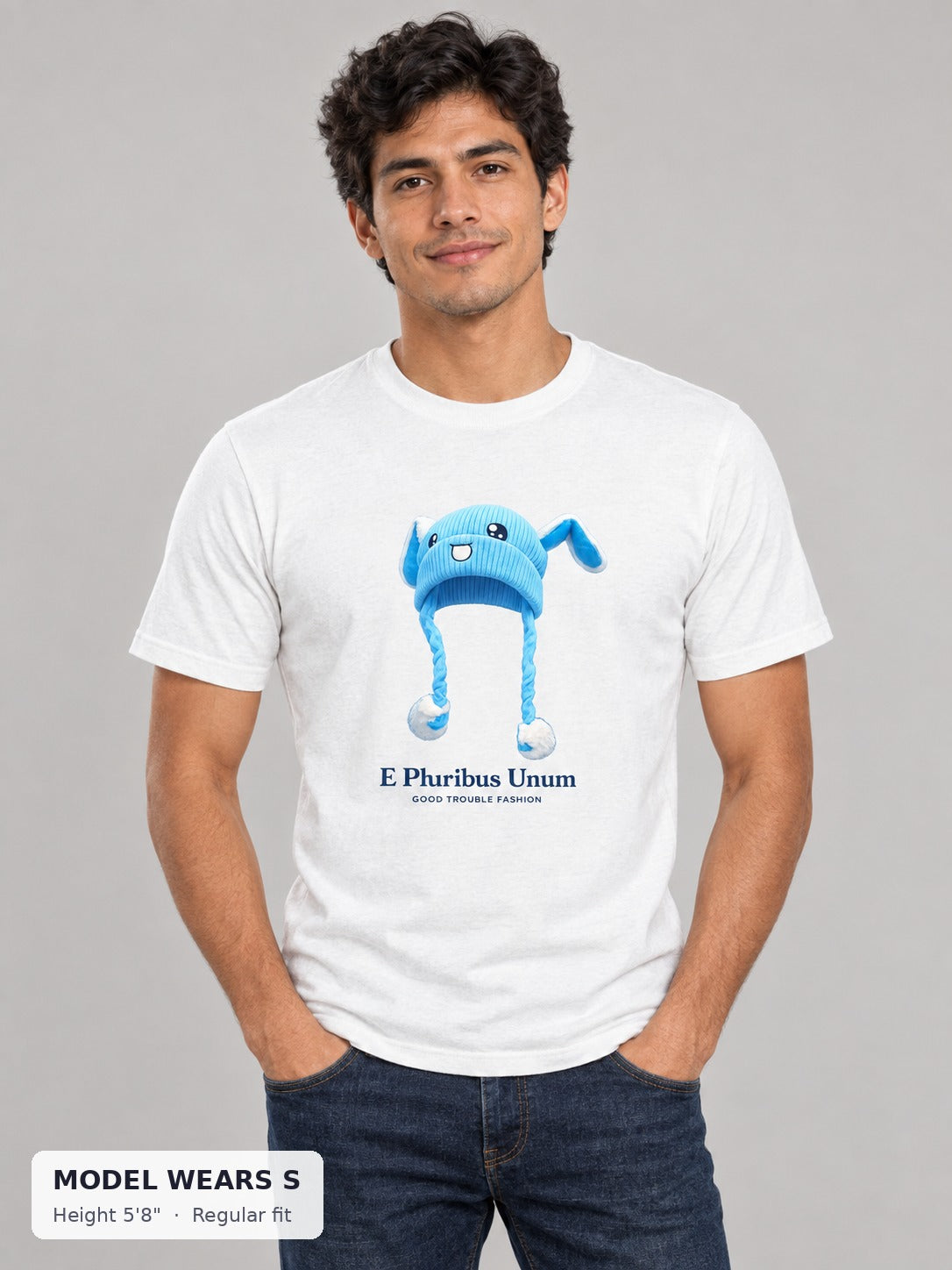E Pluribus Unum Blue Hat Tee on a slim model wearing size S, 5'8" - Good Trouble Fashion