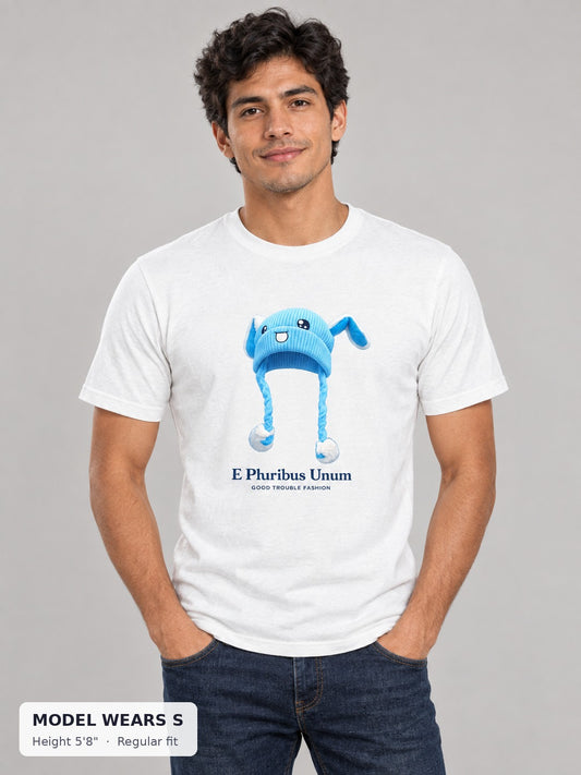 E Pluribus Unum Blue Hat Tee on a slim model wearing size S, 5'8" - Good Trouble Fashion