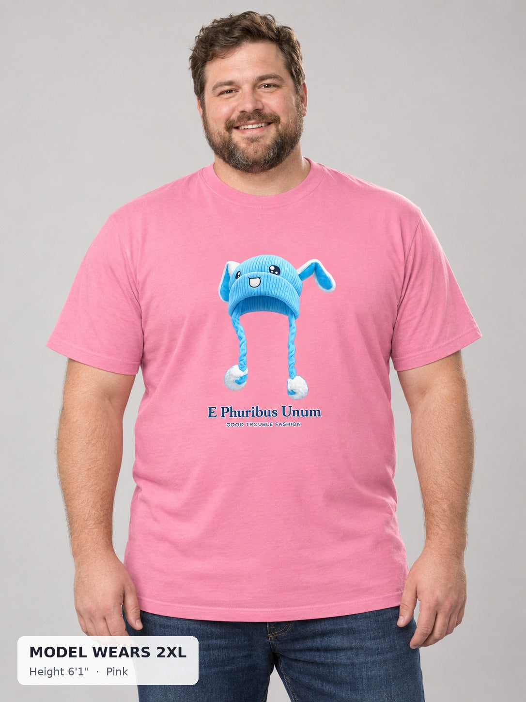 E Pluribus Unum Blue Hat Tee in Pink on a plus-size model wearing size 2XL, 6'1" - Good Trouble Fashion