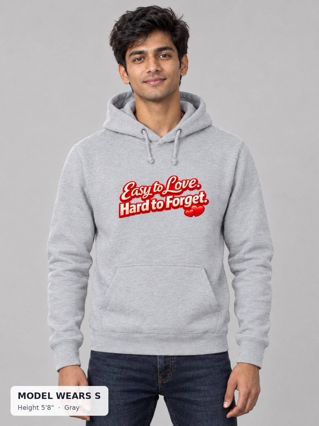 Easy to Love, Hard to Forget Hoodie in Gray on a slim model wearing size S, 5'8" - Good Trouble Fashion