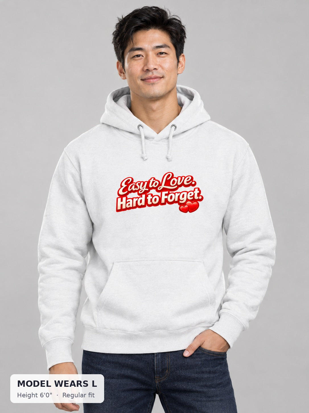 Easy to Love, Hard to Forget Hoodie on an athletic model wearing size L, 6'0" - Good Trouble Fashion