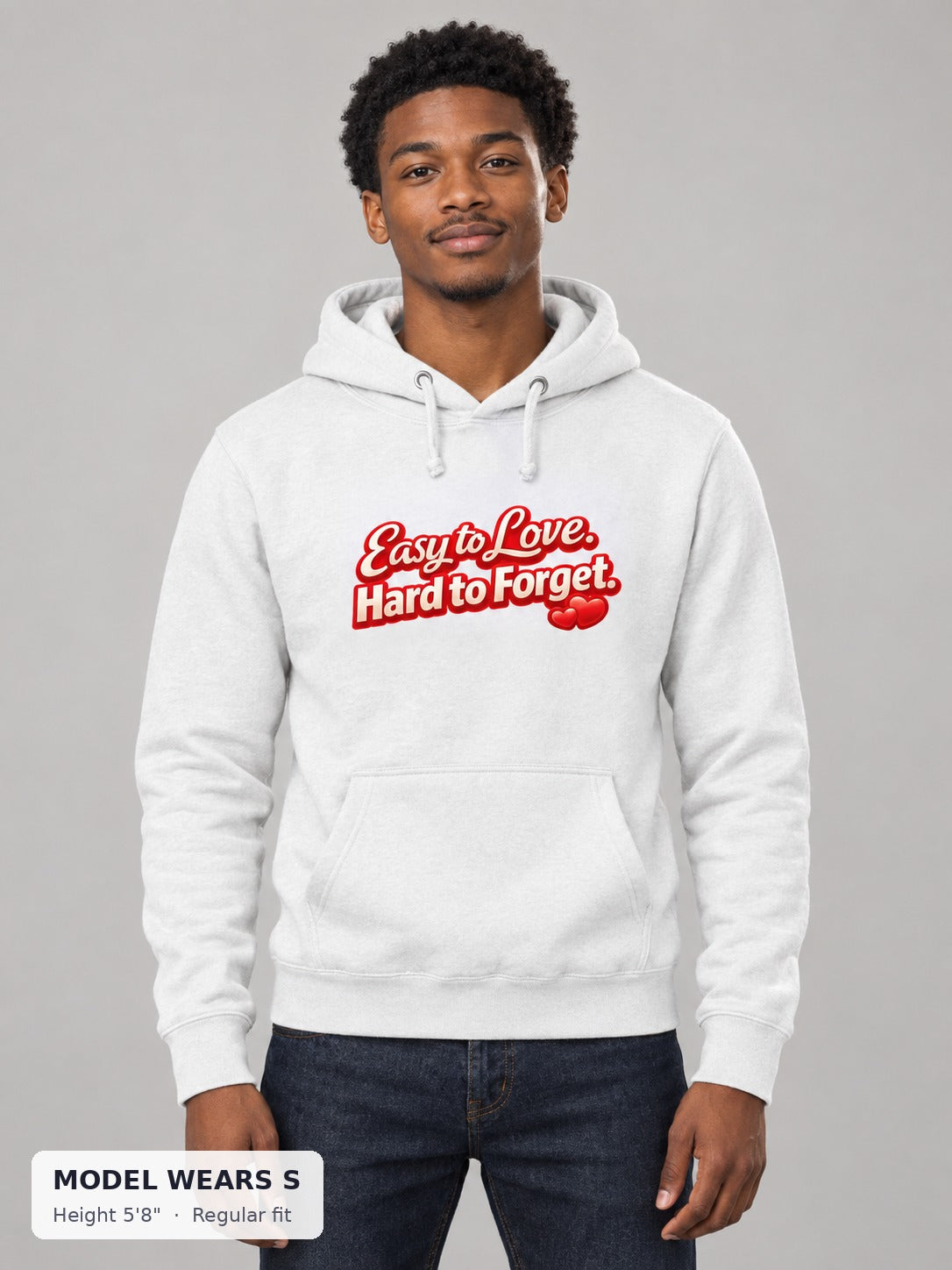 Easy to Love, Hard to Forget Hoodie on a slim model wearing size S, 5'8" - Good Trouble Fashion