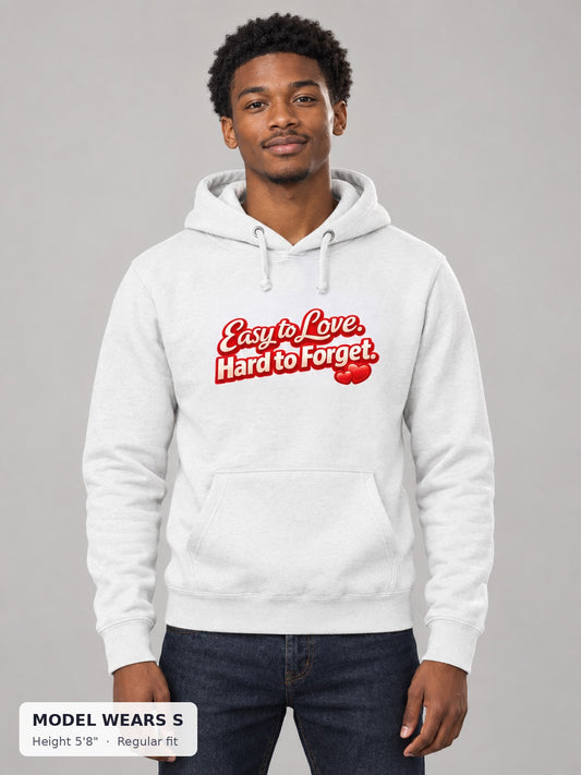 Easy to Love, Hard to Forget Hoodie on a slim model wearing size S, 5'8" - Good Trouble Fashion