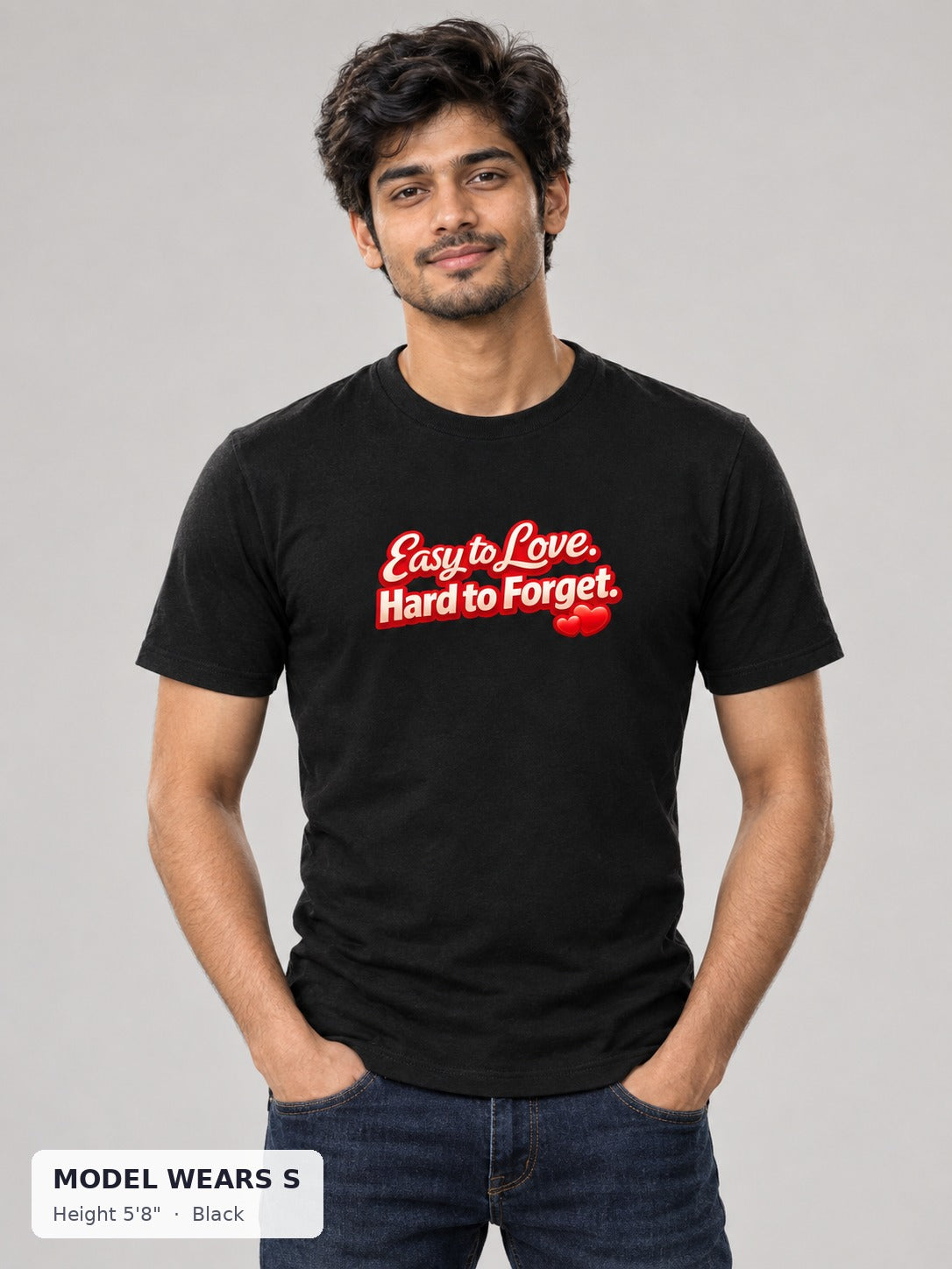 Easy to Love, Hard to Forget Tee in Black on a slim model wearing size S, 5'8" - Good Trouble Fashion