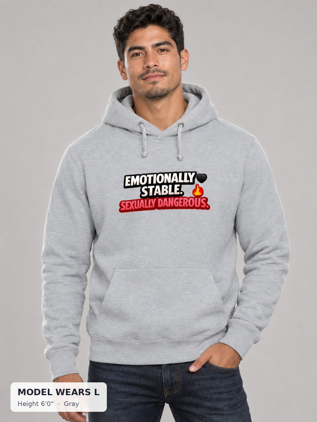 Emotionally Stable Hoodie in Gray on an athletic model wearing size L, 6'0" - Good Trouble Fashion