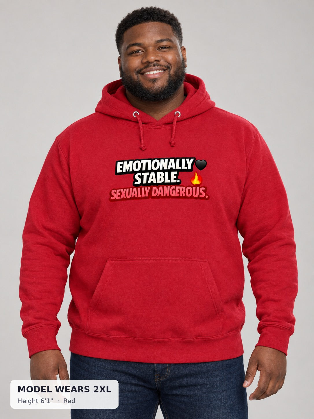 Emotionally Stable Hoodie in Red on a plus-size model wearing size 2XL, 6'1" - Good Trouble Fashion