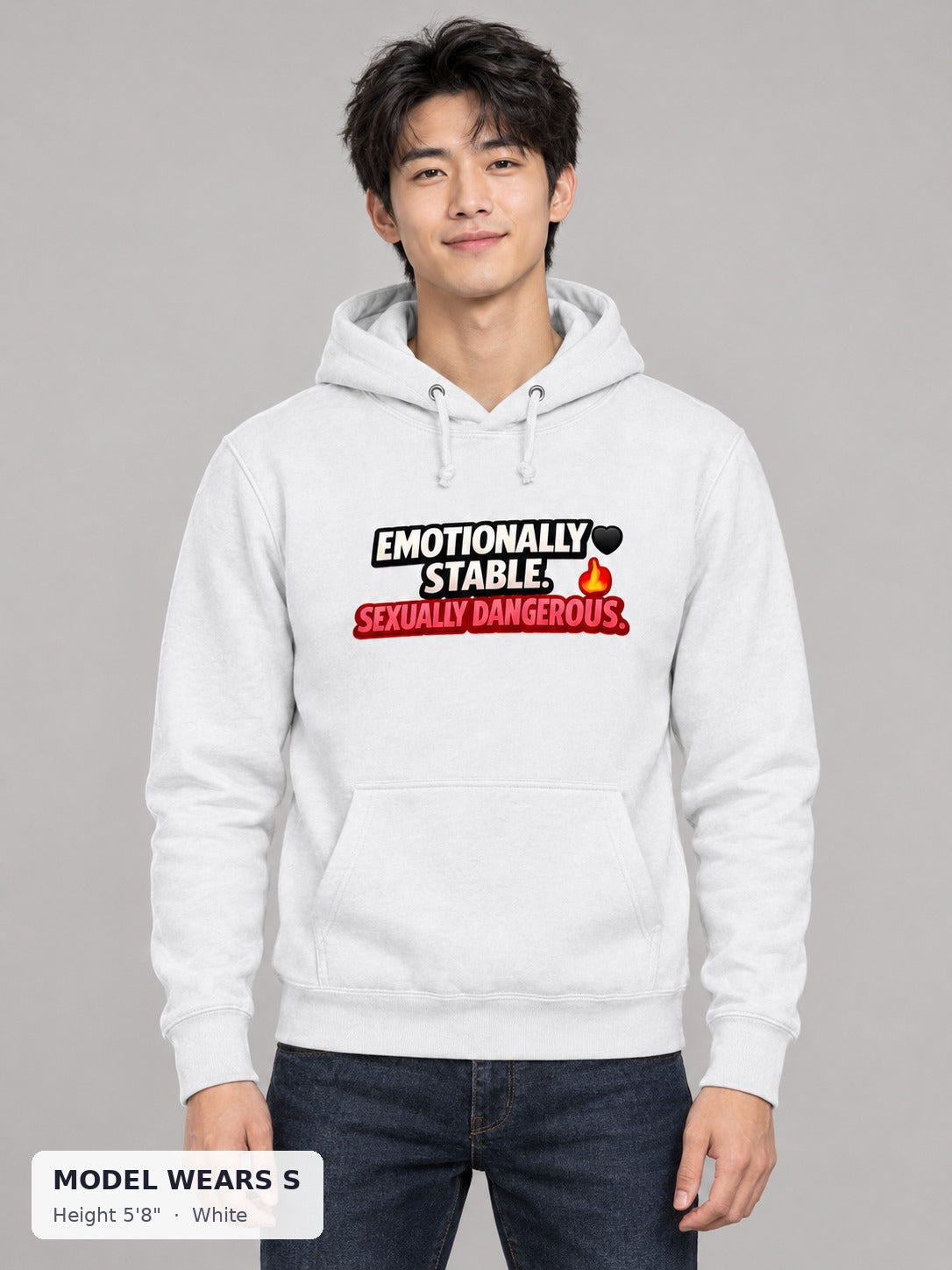 Emotionally Stable Hoodie in White on a slim model wearing size S, 5'8" - Good Trouble Fashion