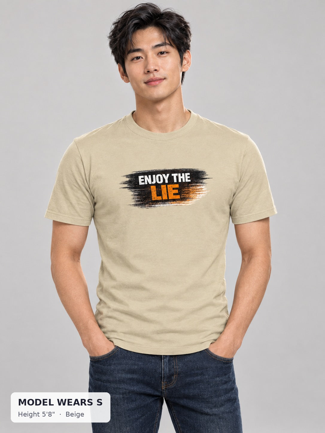 Enjoy the Lie Tee in Beige on a slim model wearing size S, 5'8" - Good Trouble Fashion