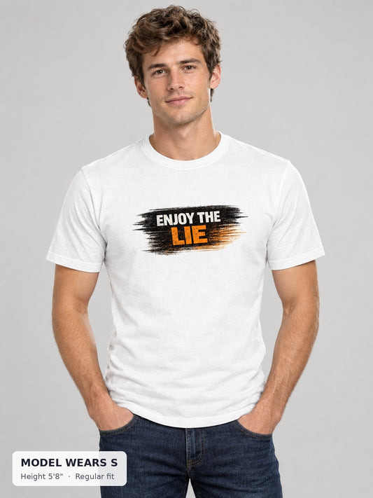 Enjoy the Lie Tee on a slim model wearing size S, 5'8" - Good Trouble Fashion