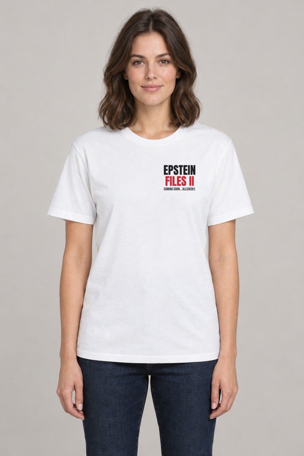 Epstein Files II Sequel Tee in White, front view showing the EPSTEIN FILES II left-chest badge, on a slim model wearing size S, 5'8" - Good Trouble Fashion