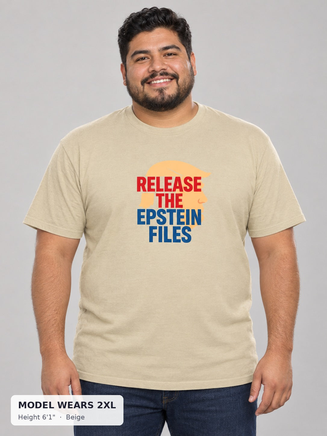 Epstein Files Tee in Beige on a plus-size model wearing size 2XL, 6'1" - Good Trouble Fashion