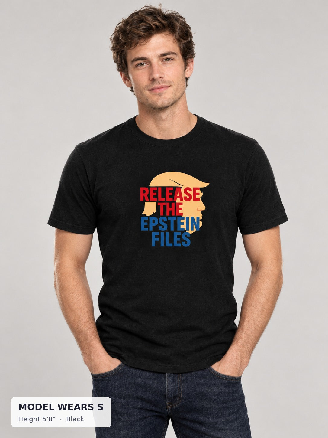 Epstein Files Tee in Black on a slim model wearing size S, 5'8" - Good Trouble Fashion