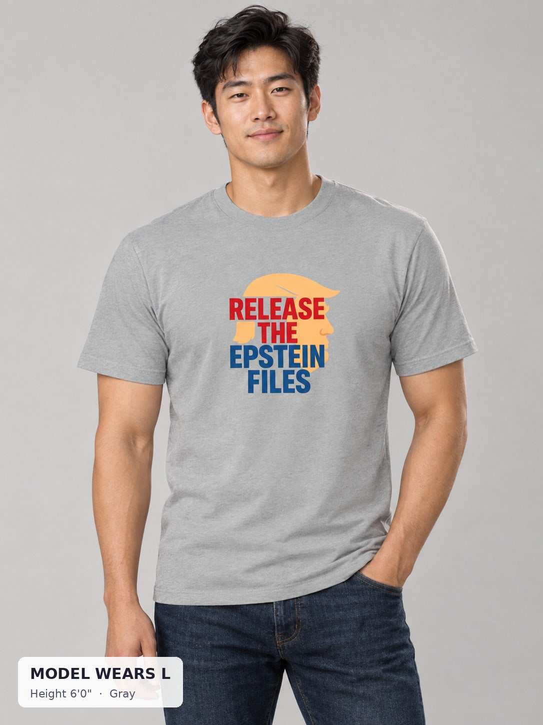 Epstein Files Tee in Gray on an athletic model wearing size L, 6'0" - Good Trouble Fashion