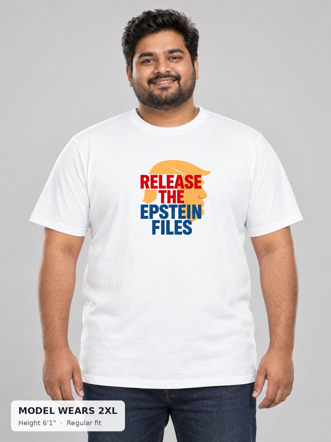 Epstein Files Tee on a plus-size model wearing size 2XL, 6'1" - Good Trouble Fashion