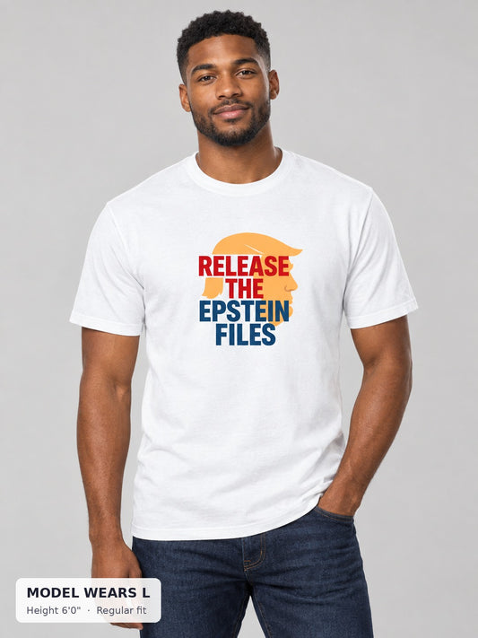 Epstein Files Tee on an athletic model wearing size L, 6'0" - Good Trouble Fashion