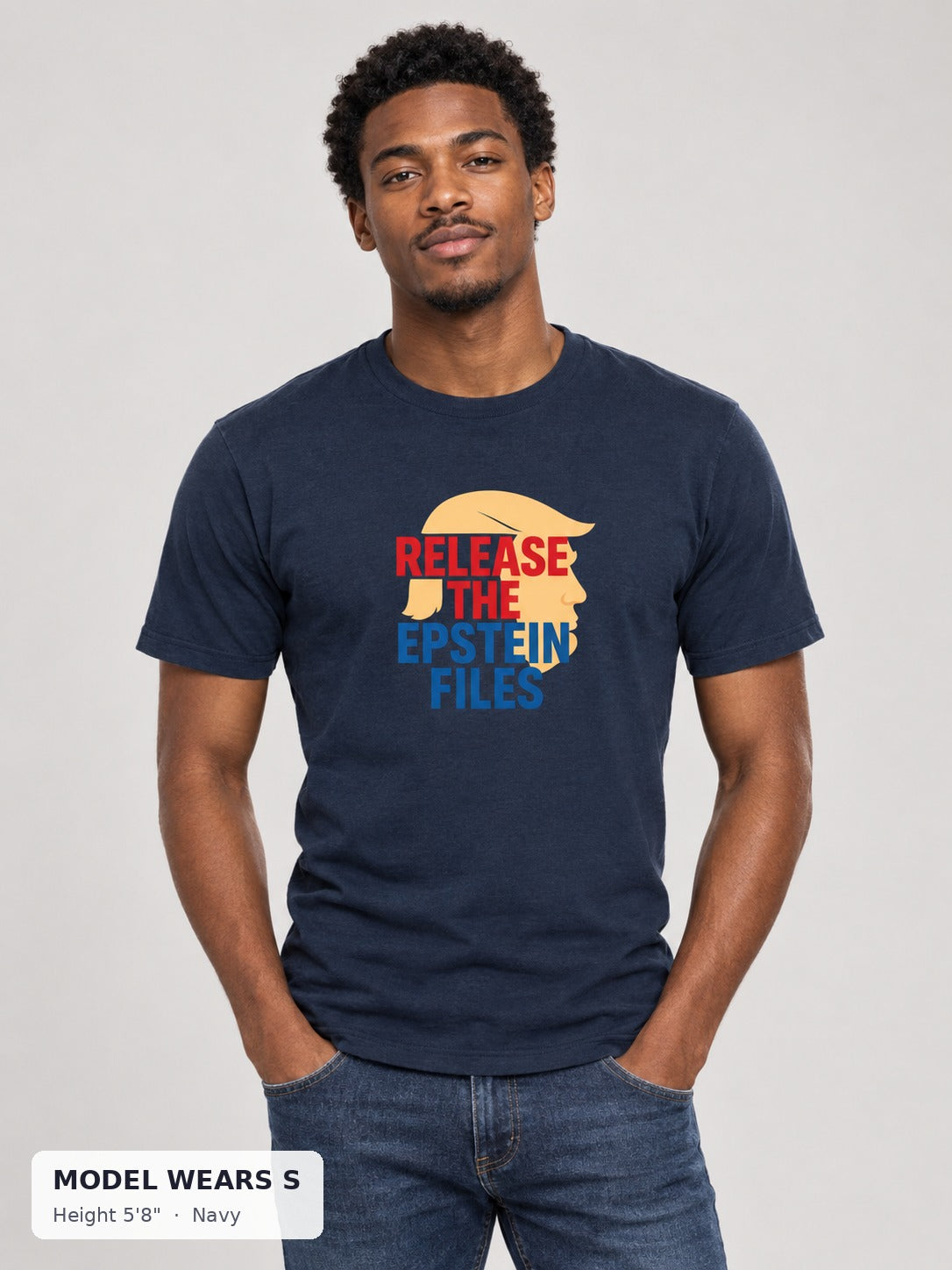 Epstein Files Tee in Navy on a slim model wearing size S, 5'8" - Good Trouble Fashion