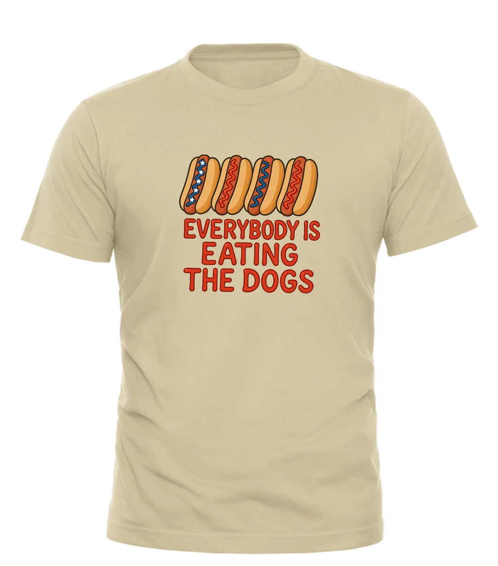Beige Good Trouble Garments t-shirt with colorful hot dog graphic and text everybody is eating the dogs t-shirt