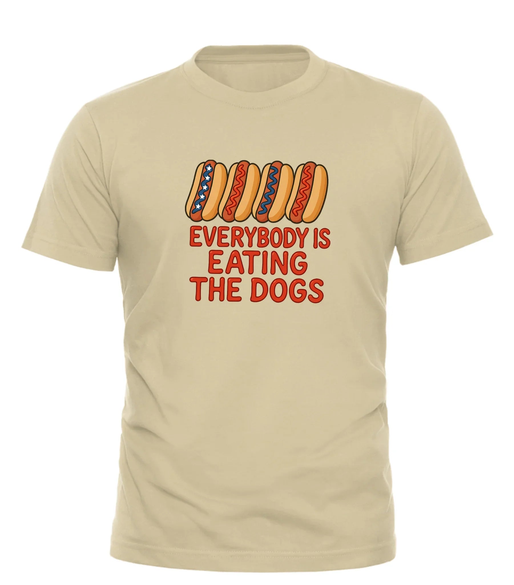 Beige Good Trouble Garments t-shirt with colorful hot dog graphic and text everybody is eating the dogs t-shirt