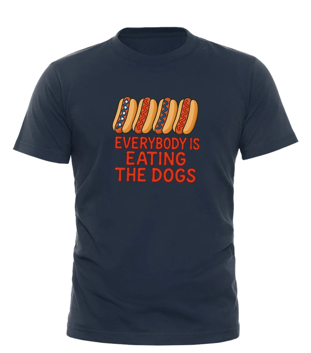 Navy Good Trouble Garments t-shirt with colorful hot dog graphics and everybody is eating the dogs t-shirt text