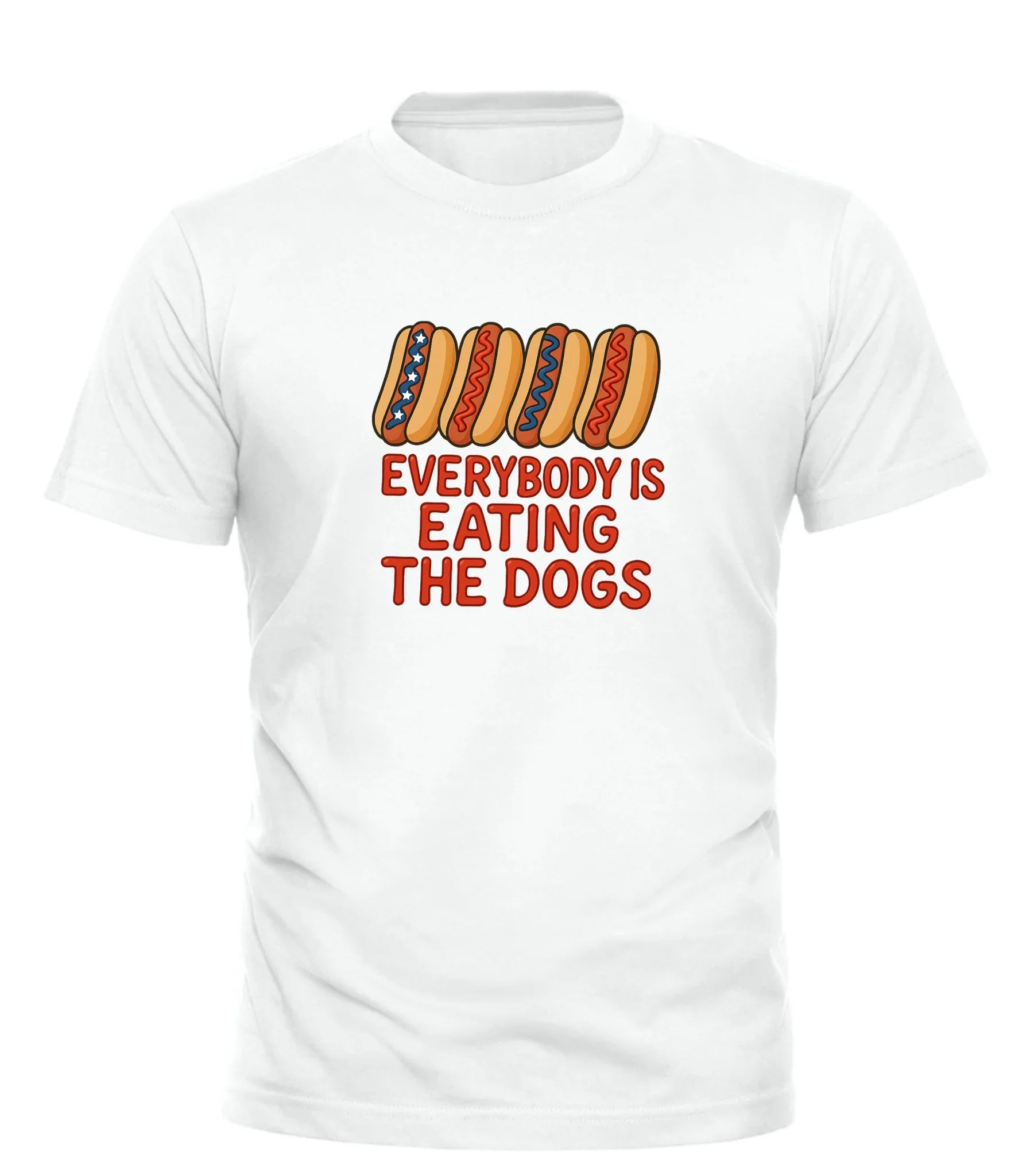 White Good Trouble Garments t-shirt with four hot dogs graphic and text everybody is eating the dogs t-shirt