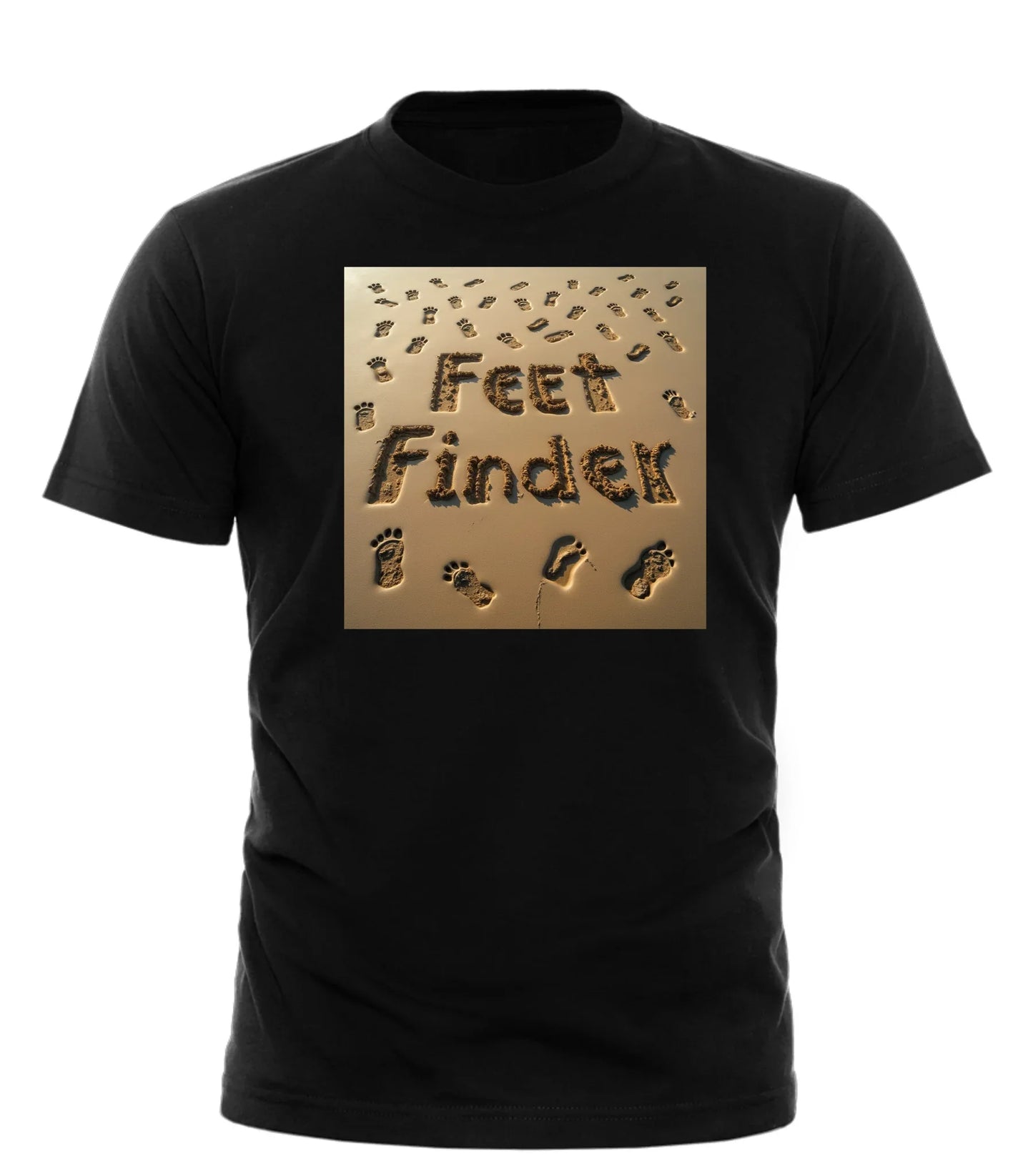 Good Trouble Garments black feet finder tee shirt with sandy footprints design on front
