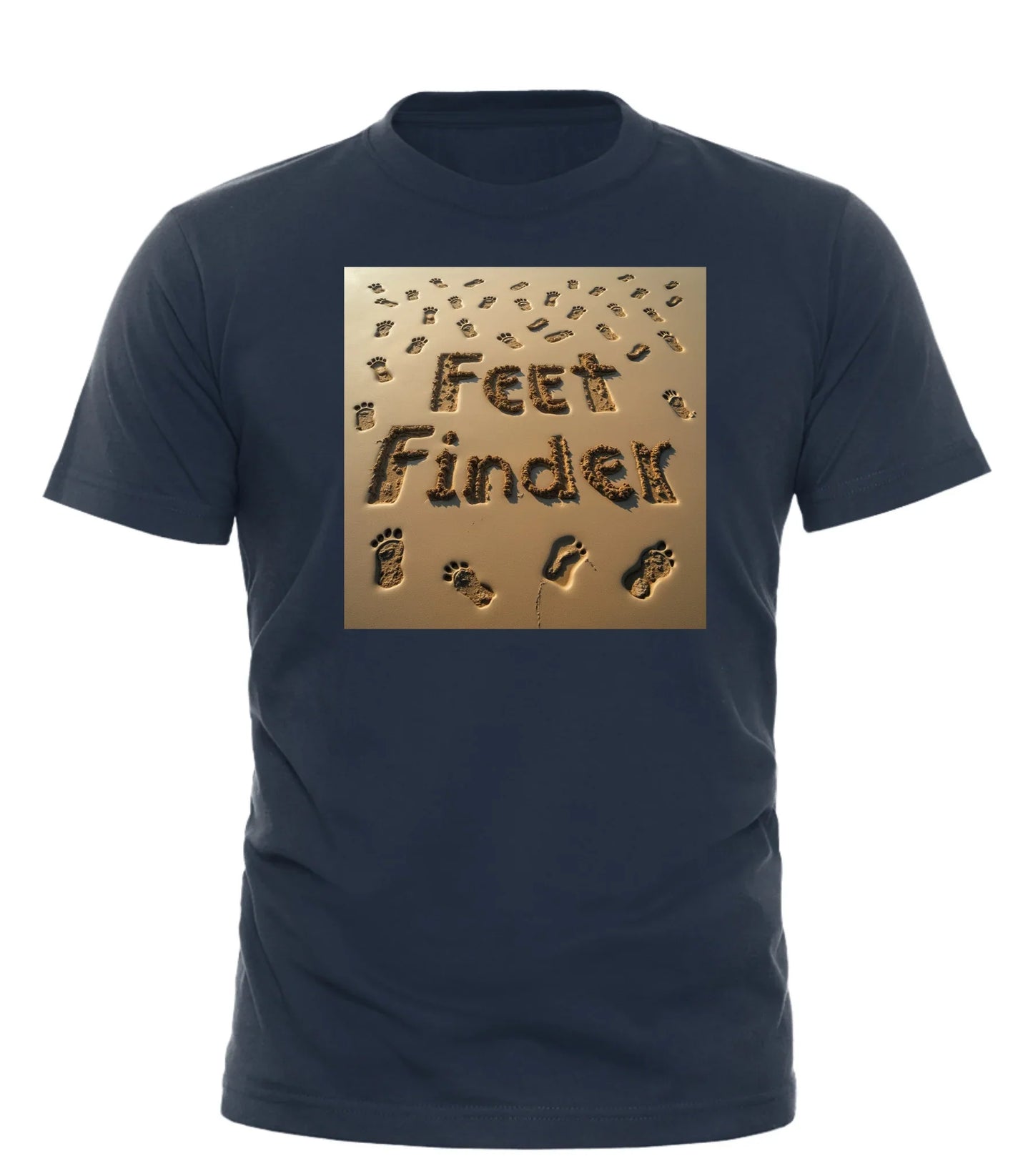 Good Trouble Garments navy feet finder tee shirt with footprint design and text on front