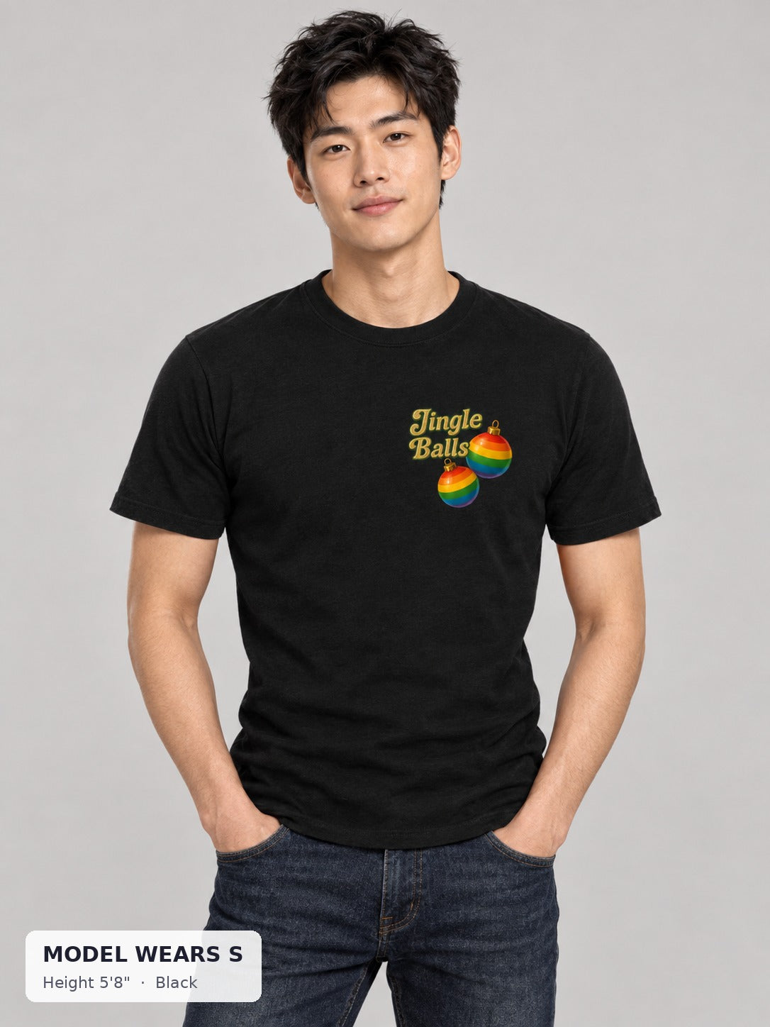 Jingle Balls Holiday Tee in Black on a slim model wearing size S, 5'8" - Good Trouble Fashion