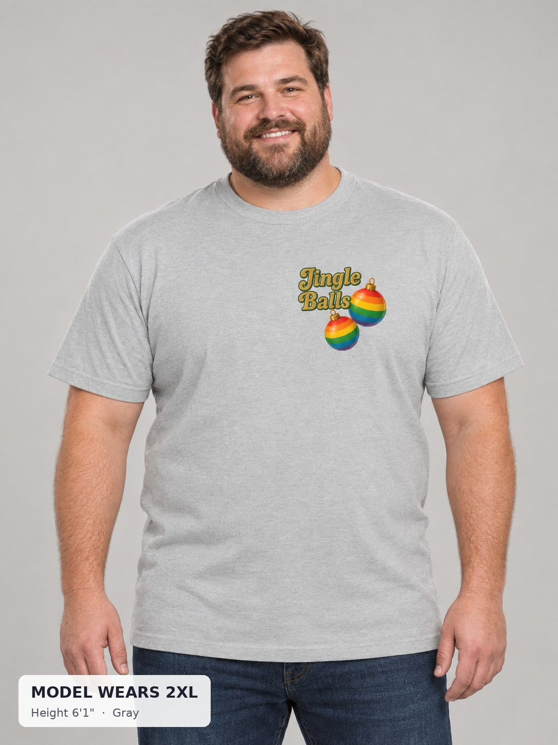 Jingle Balls Holiday Tee in Gray on a plus-size model wearing size 2XL, 6'1" - Good Trouble Fashion
