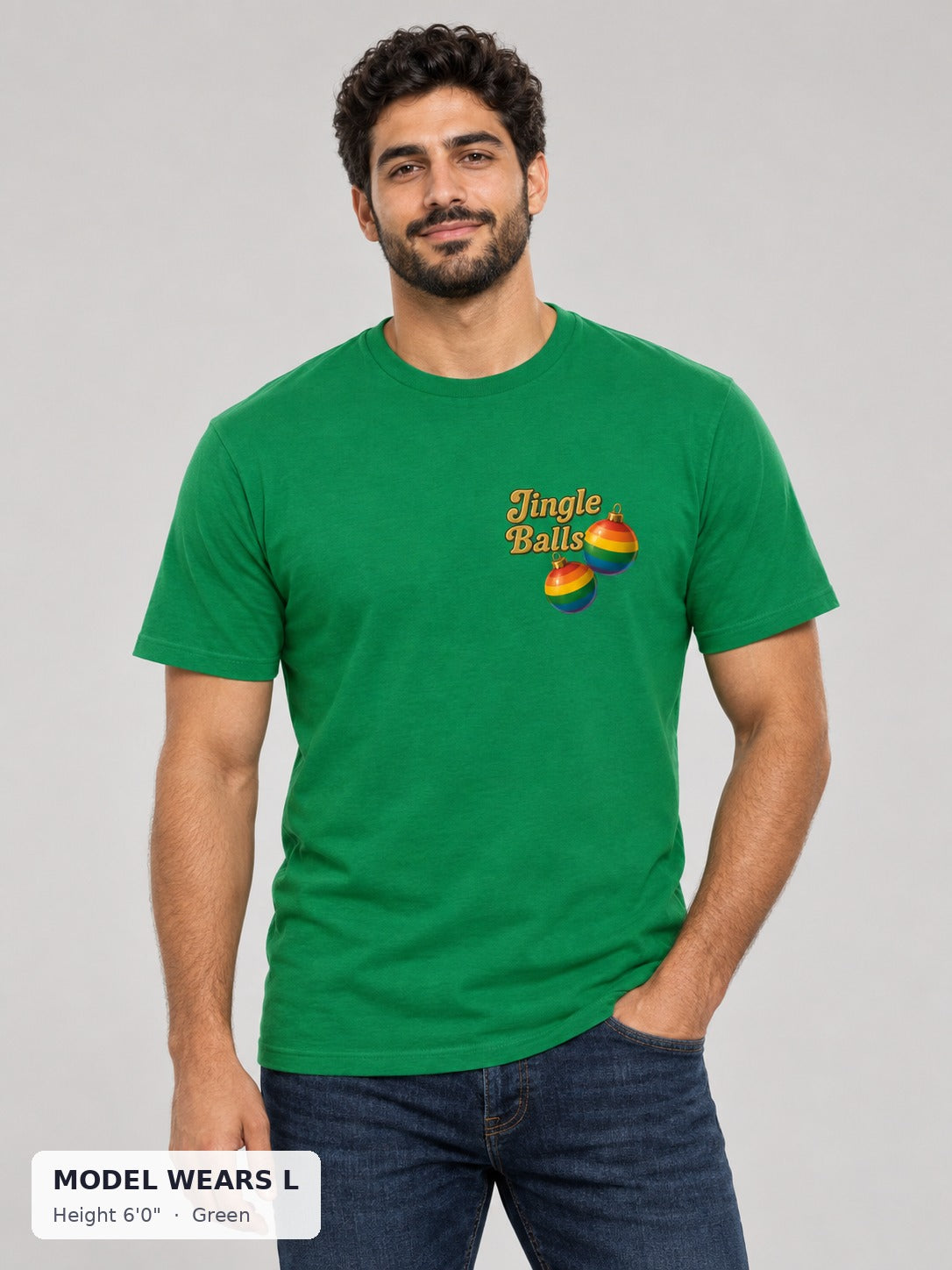 Jingle Balls Holiday Tee in Green on an athletic model wearing size L, 6'0" - Good Trouble Fashion