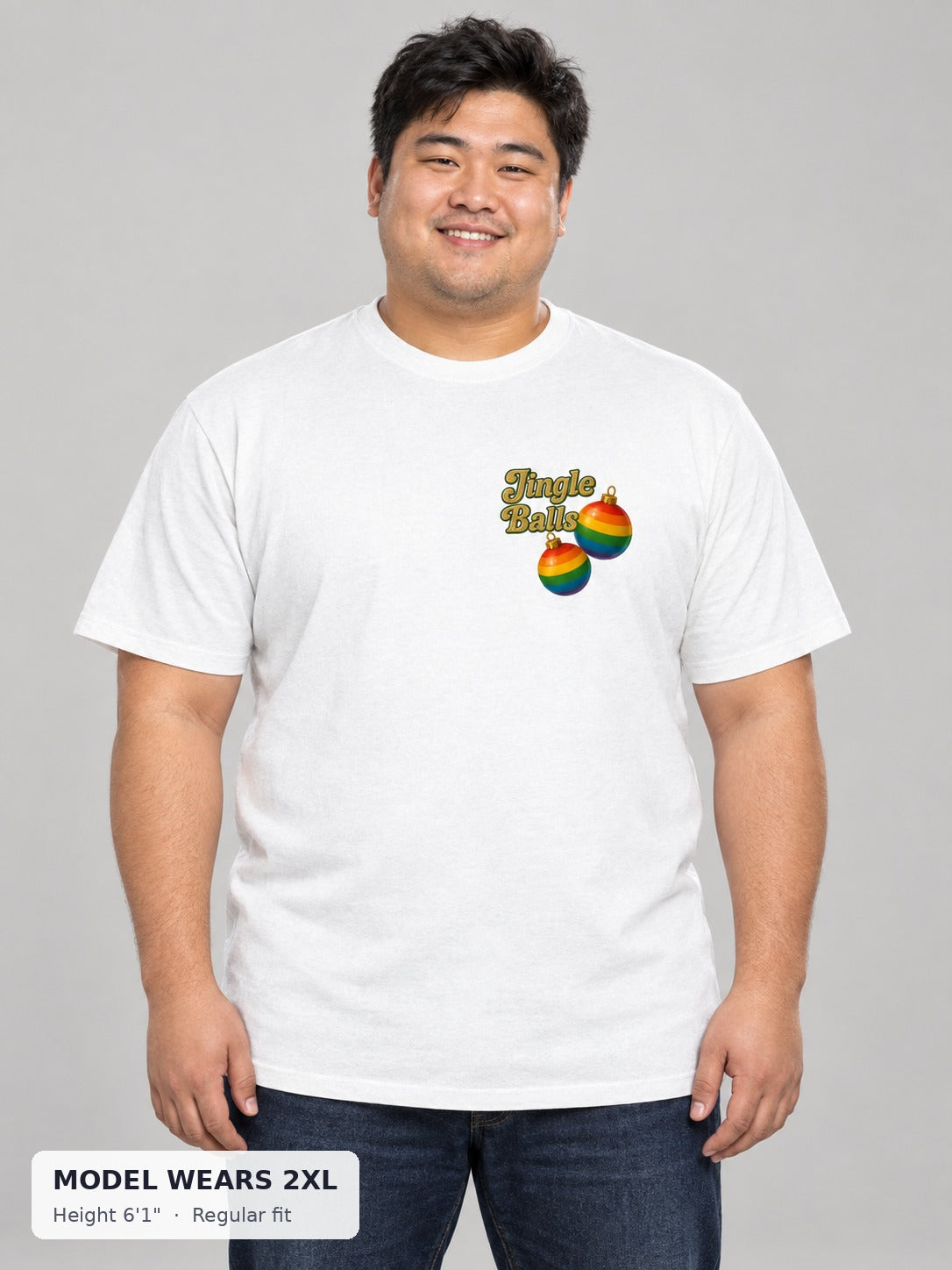 Jingle Balls Holiday Tee on a plus-size model wearing size 2XL, 6'1" - Good Trouble Fashion
