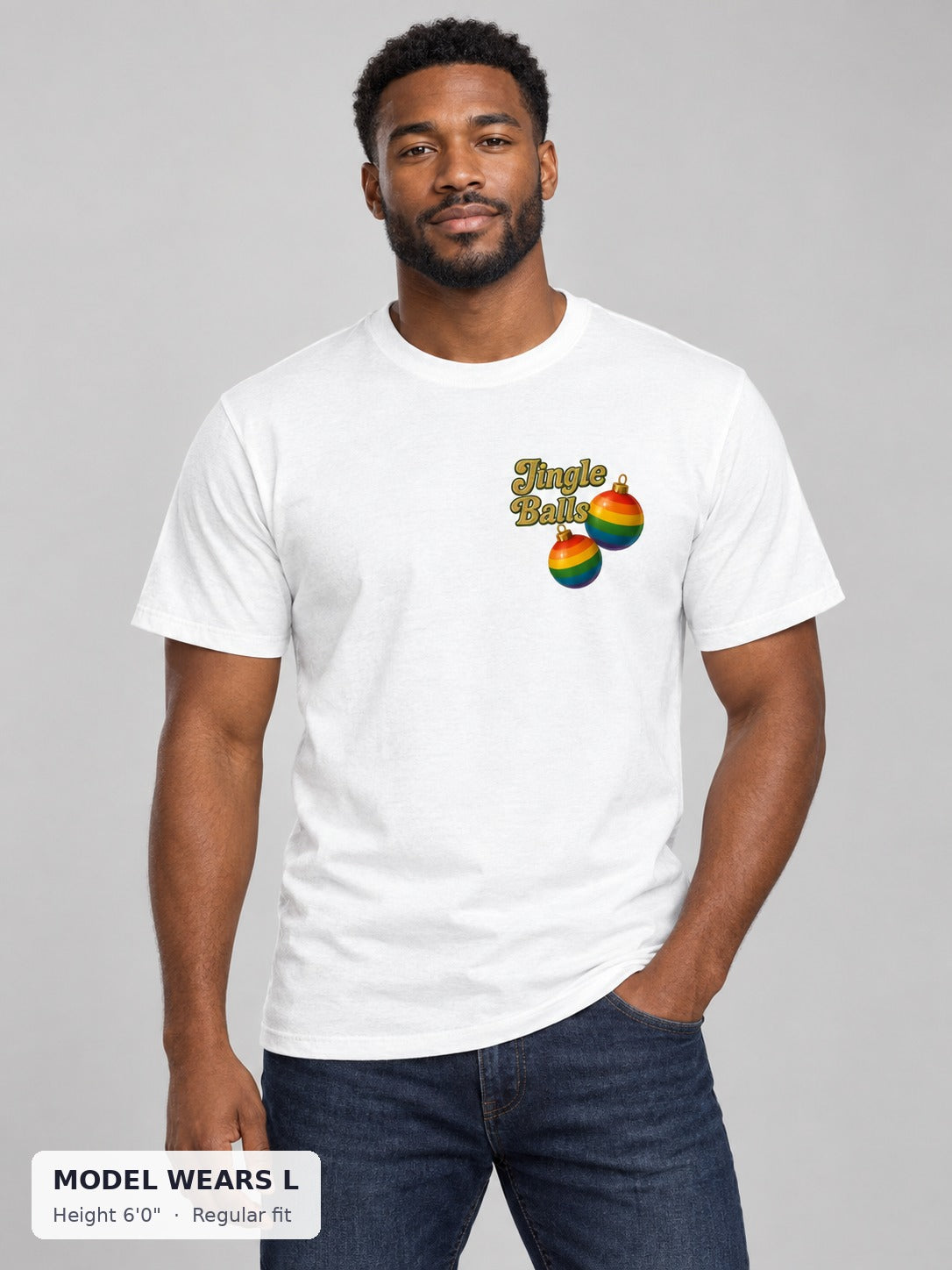 Jingle Balls Holiday Tee on an athletic model wearing size L, 6'0" - Good Trouble Fashion