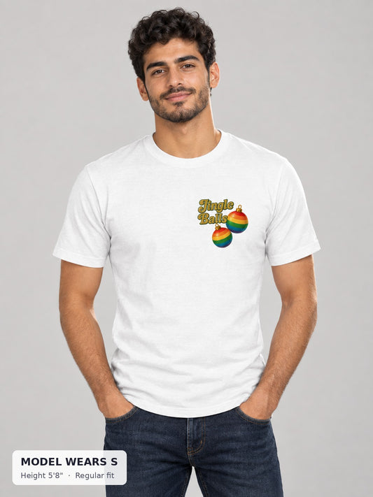 Jingle Balls Holiday Tee on a slim model wearing size S, 5'8" - Good Trouble Fashion