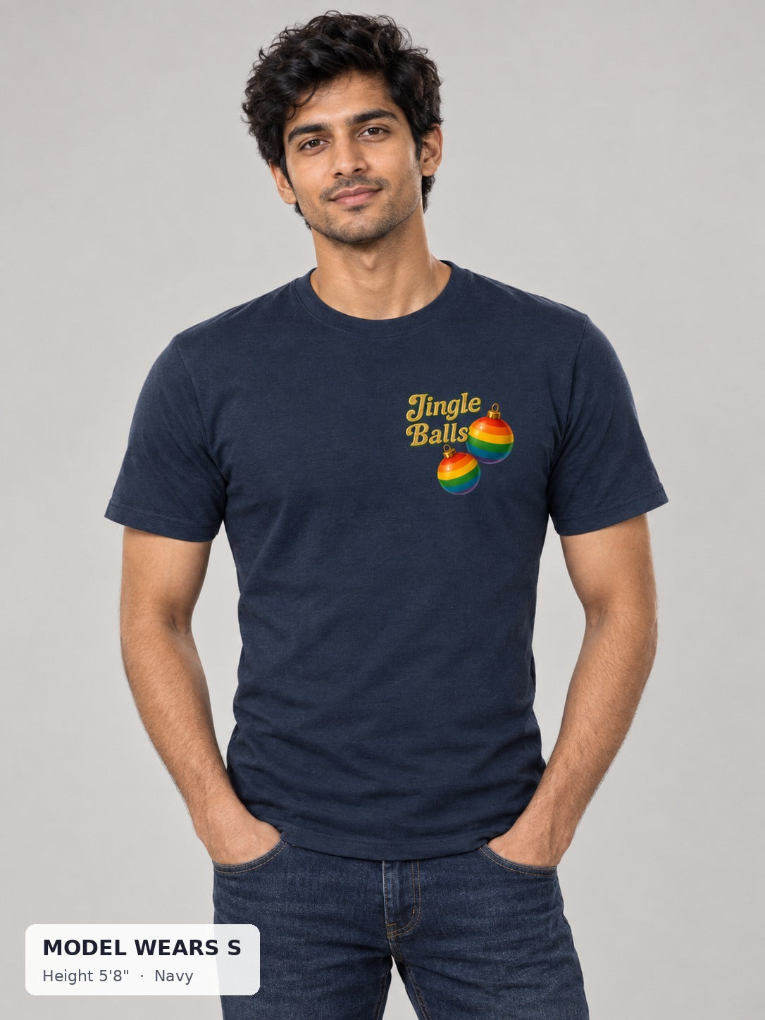 Jingle Balls Holiday Tee in Navy on a slim model wearing size S, 5'8" - Good Trouble Fashion