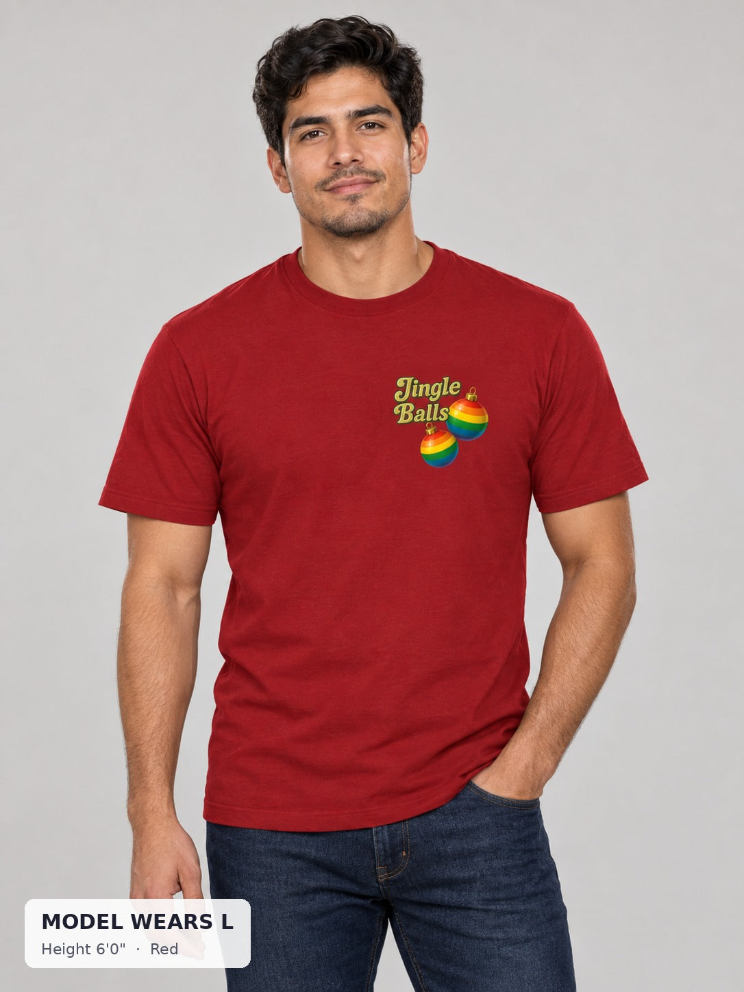 Jingle Balls Holiday Tee in Red on an athletic model wearing size L, 6'0" - Good Trouble Fashion