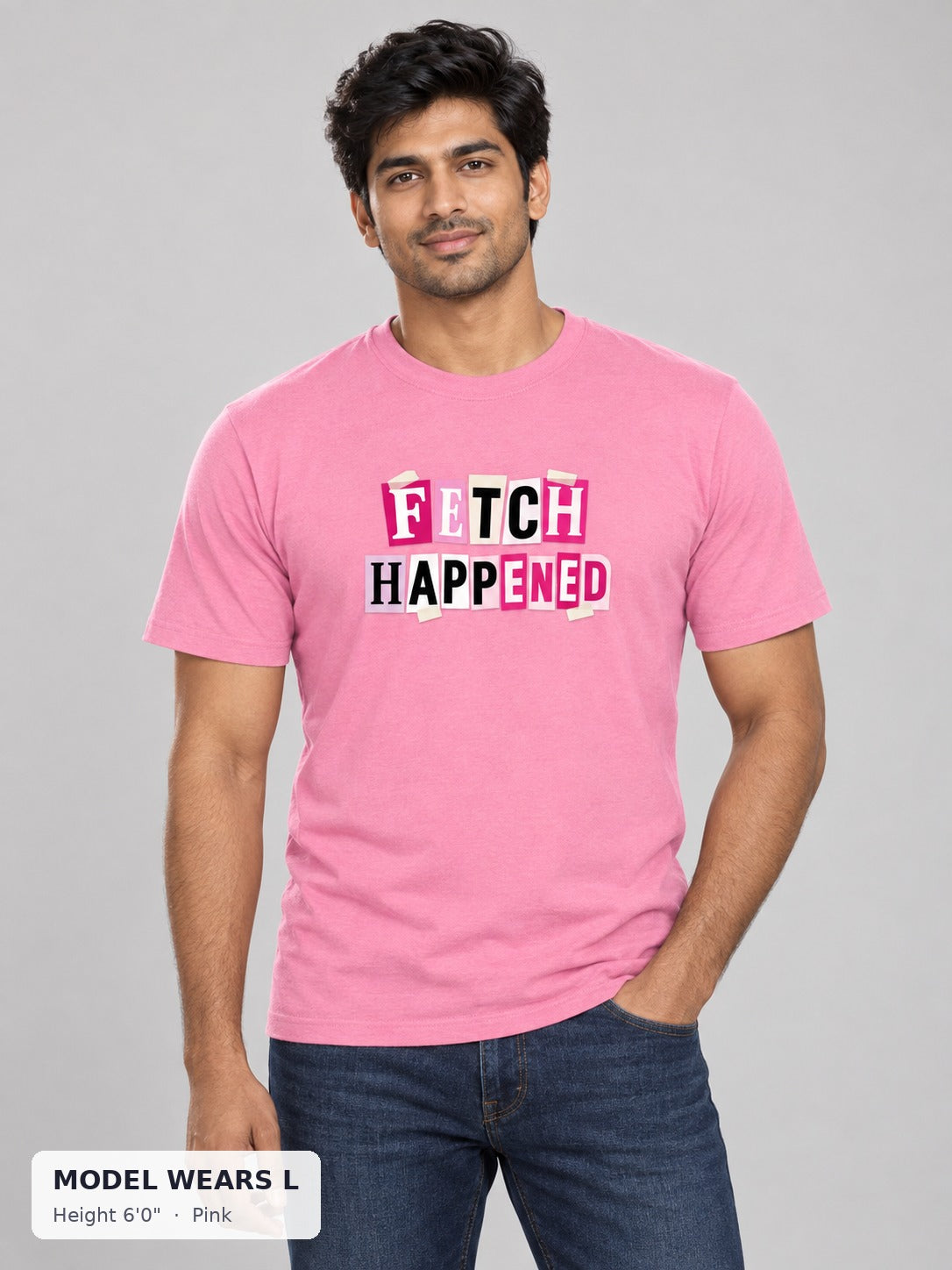 Fetch Happened Tee in Pink on an athletic model wearing size L, 6'0" - Good Trouble Fashion