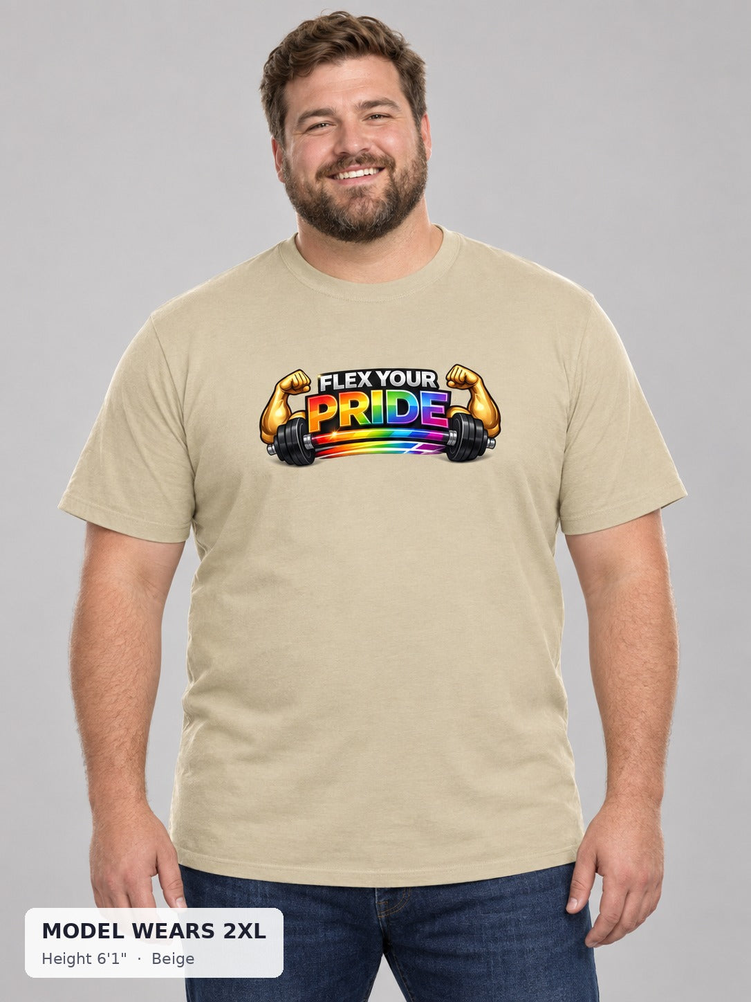 Flex Your Pride Workout Tee in Beige on a plus-size model wearing size 2XL, 6'1" - Good Trouble Fashion