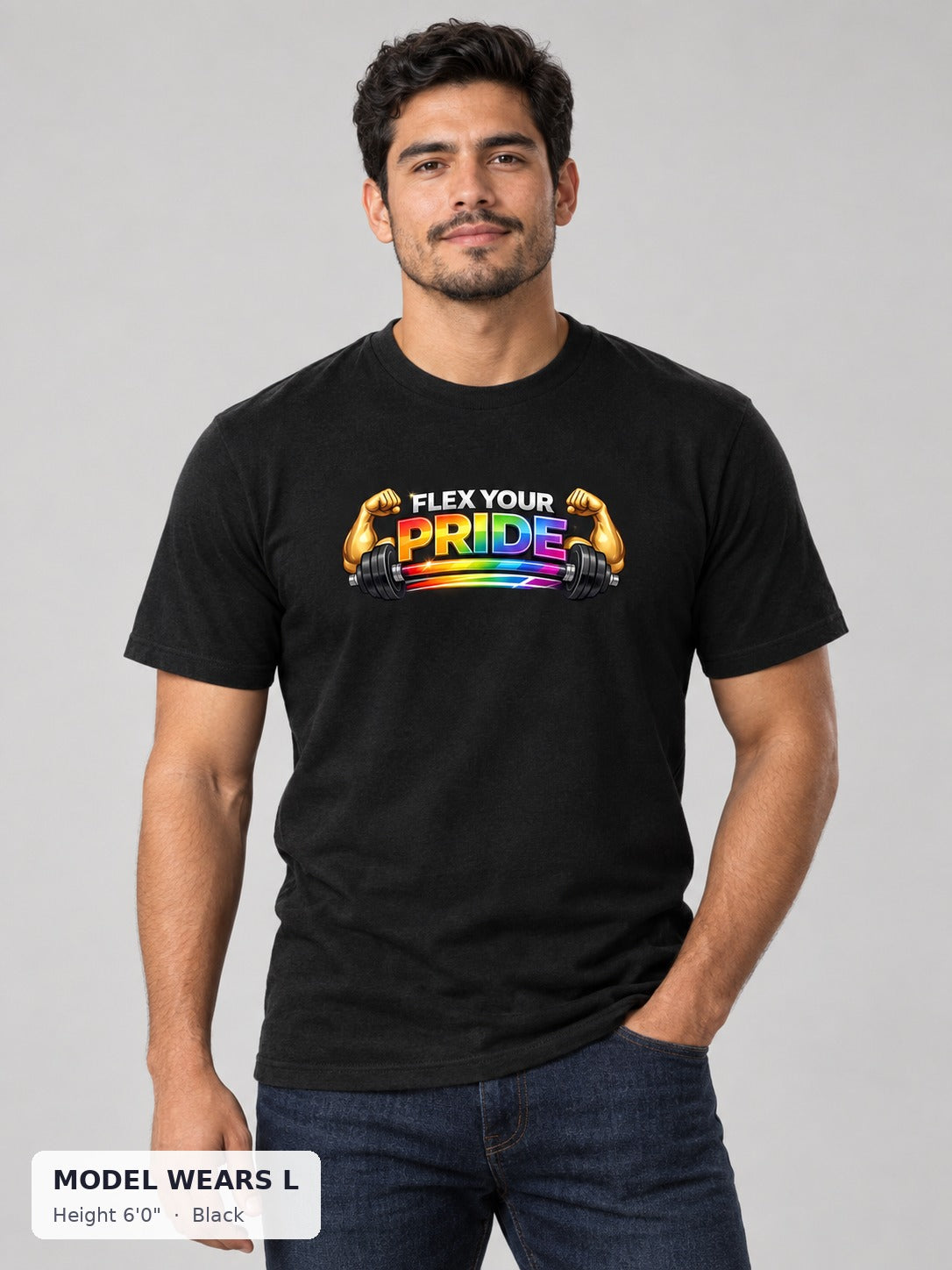 Flex Your Pride Workout Tee in Black on an athletic model wearing size L, 6'0" - Good Trouble Fashion