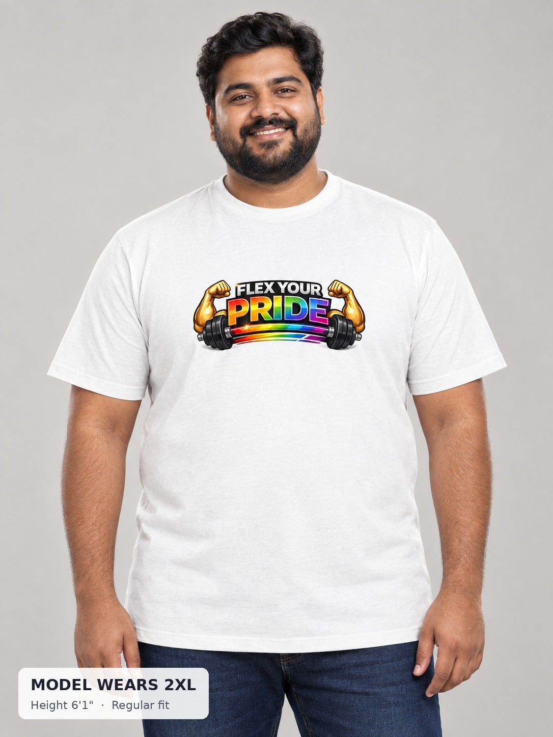 Flex Your Pride Workout Tee on a plus-size model wearing size 2XL, 6'1" - Good Trouble Fashion