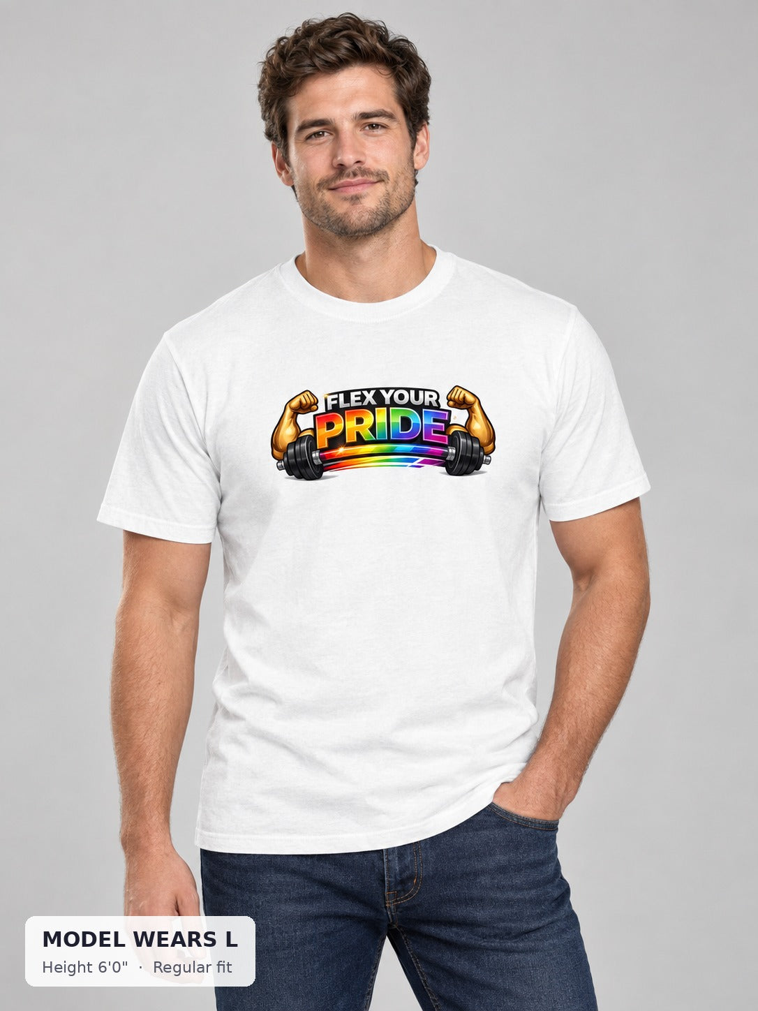 Flex Your Pride Workout Tee on an athletic model wearing size L, 6'0" - Good Trouble Fashion