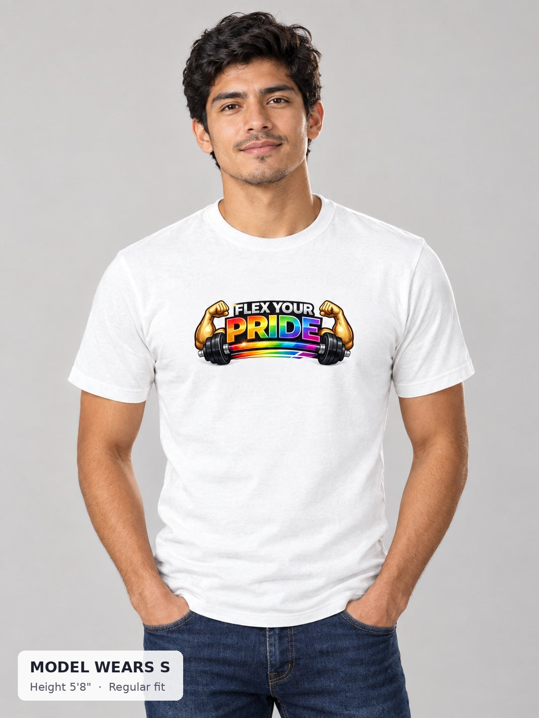 Flex Your Pride Workout Tee on a slim model wearing size S, 5'8" - Good Trouble Fashion