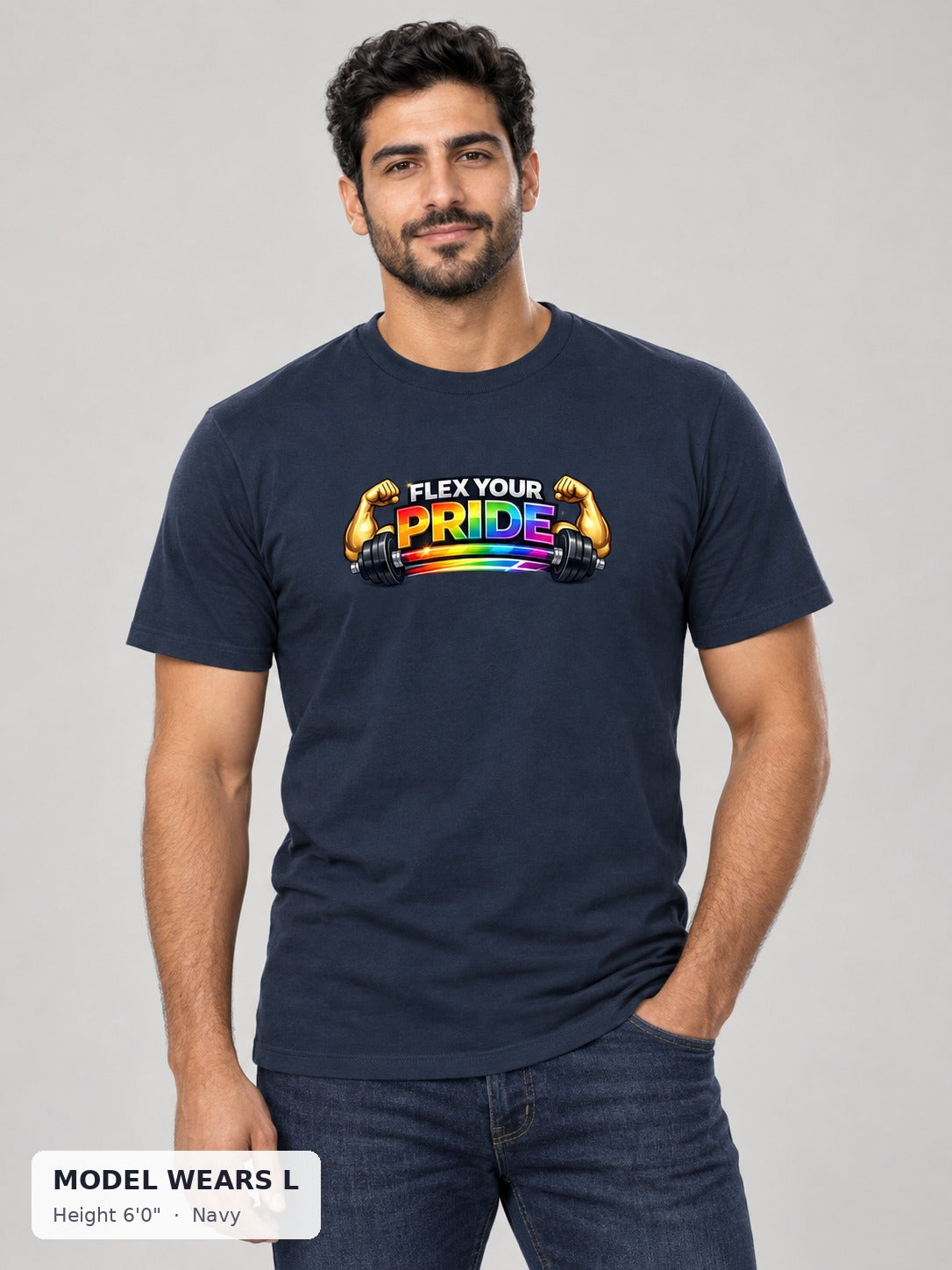 Flex Your Pride Workout Tee in Navy on an athletic model wearing size L, 6'0" - Good Trouble Fashion
