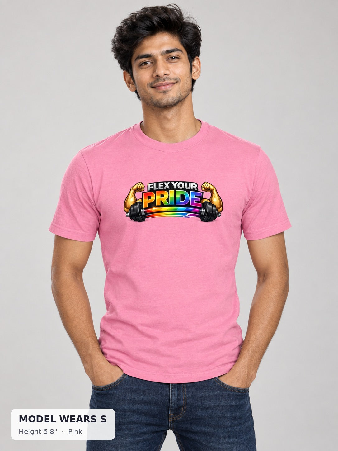 Flex Your Pride Workout Tee in Pink on a slim model wearing size S, 5'8" - Good Trouble Fashion